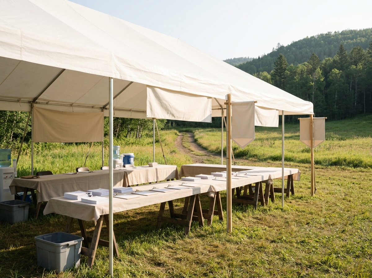 An empty registration tent set up for a mountain biking event.
