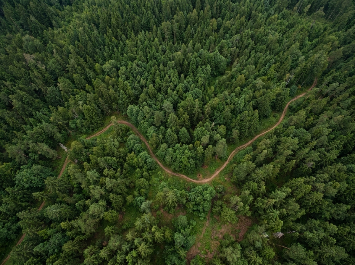 Aerial view of a mountain bike trail in a forest, the setting for an event.