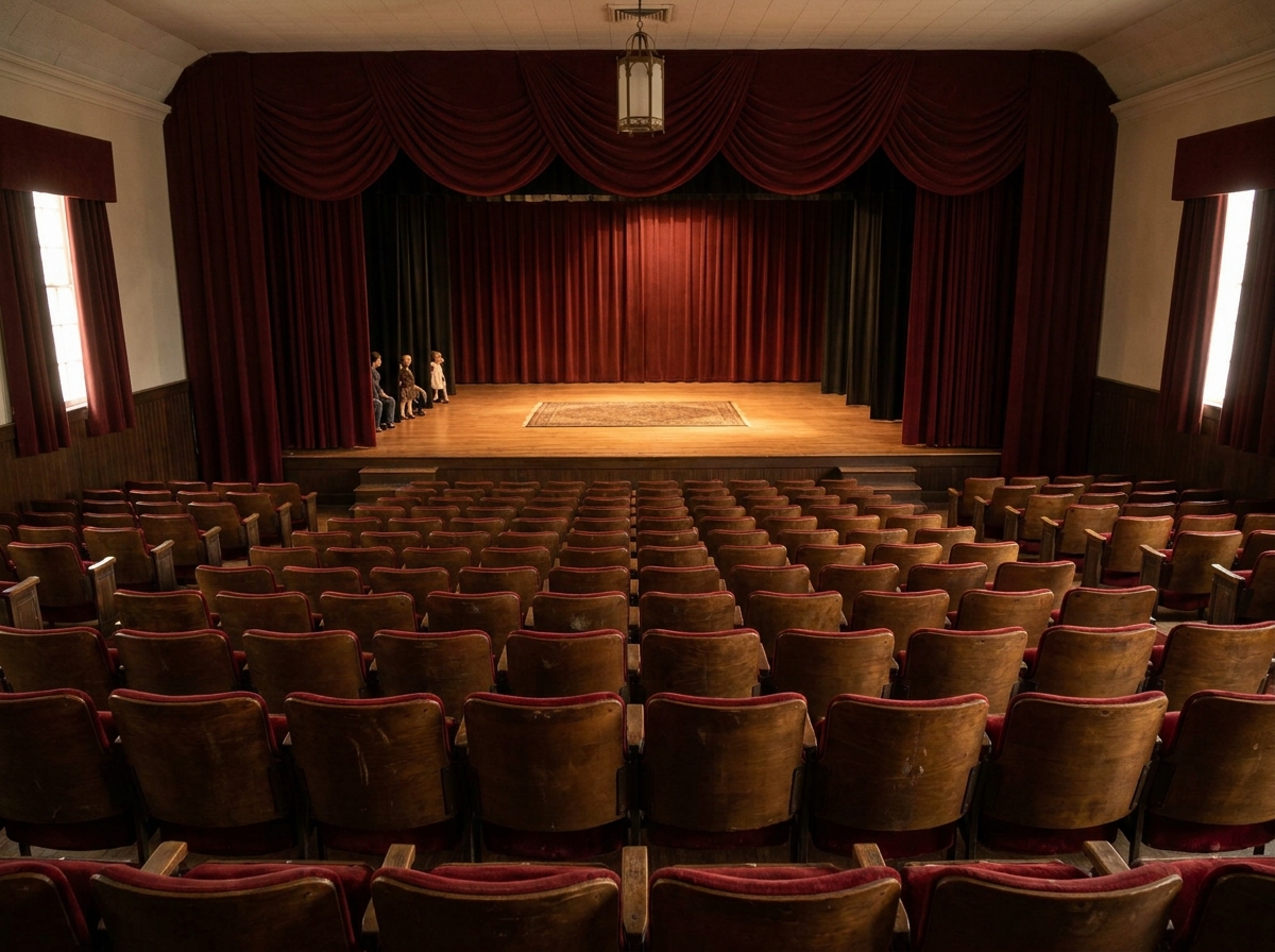 An empty outdoor amphitheater in Murfreesboro at sunset, prepared for a concert.