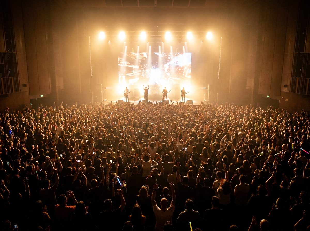 A sold-out music event inside a large concert hall, viewed from the back of the venue.
