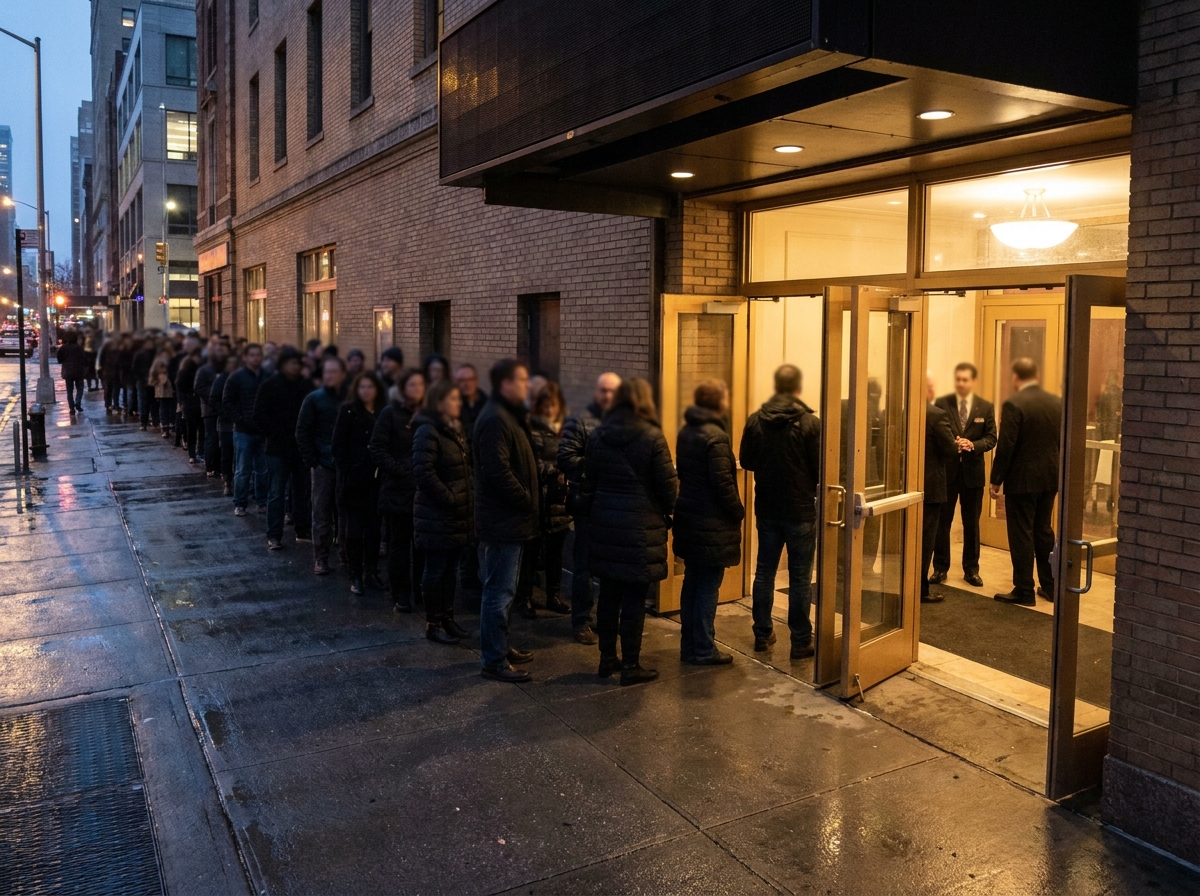 Fans lining up outside a music venue for a concert, ready for check-in.