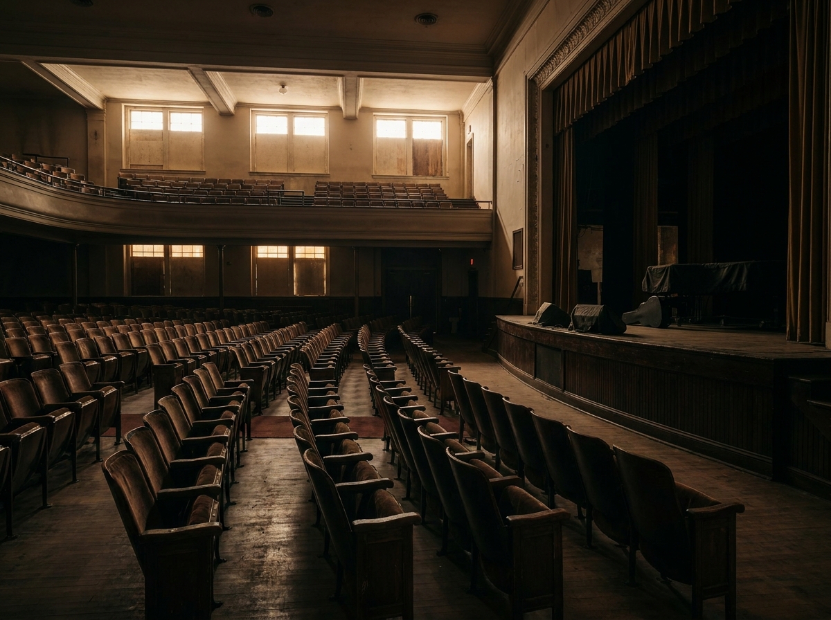 An empty music hall with seating, waiting for the start of a music event.