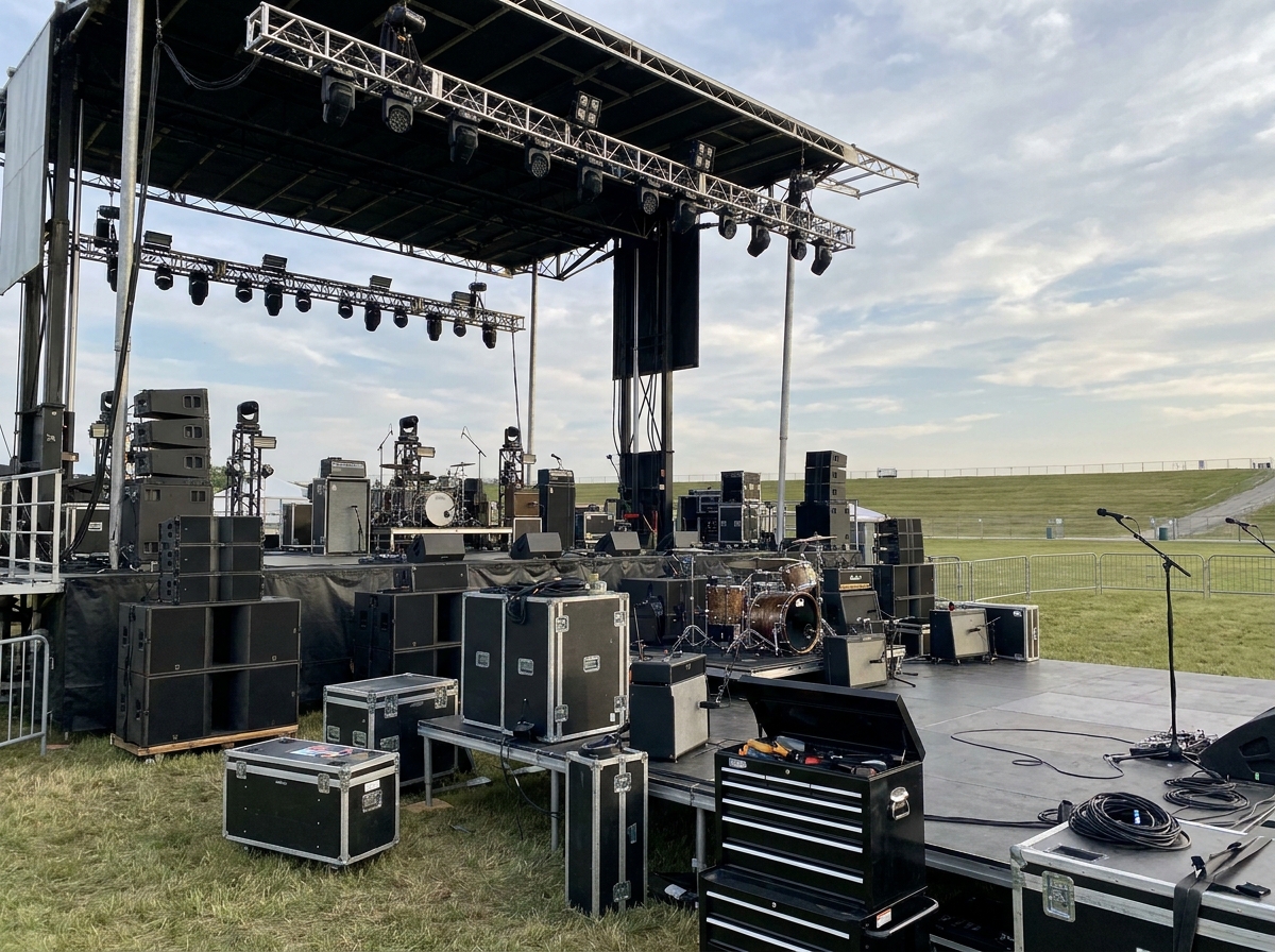 A concert stage with instruments and lighting equipment being prepared for a music event.