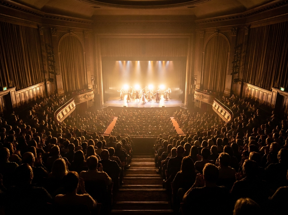 A packed audience enjoying a live musical performance in a grand theater.