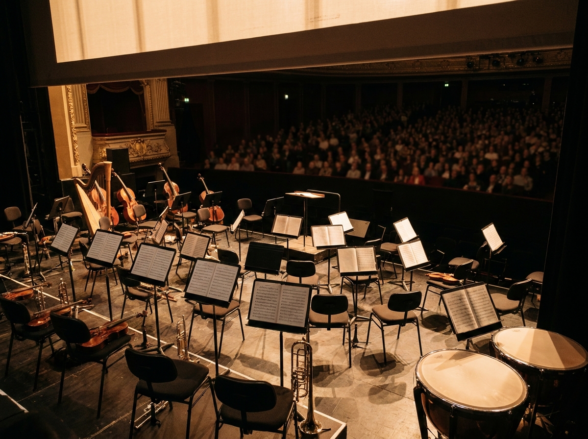 An orchestra pit with instruments and sheet music set up before a musical.
