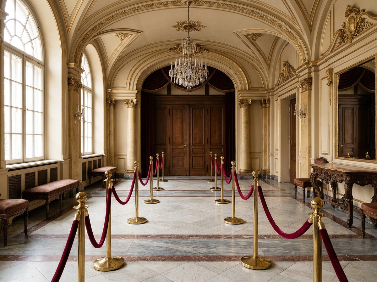 An empty, elegant theater lobby with velvet ropes guiding the way.