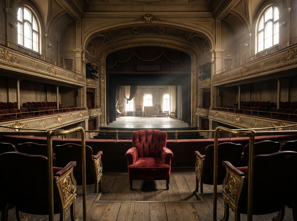 An empty red velvet seat in the front row of a theater, facing the stage.