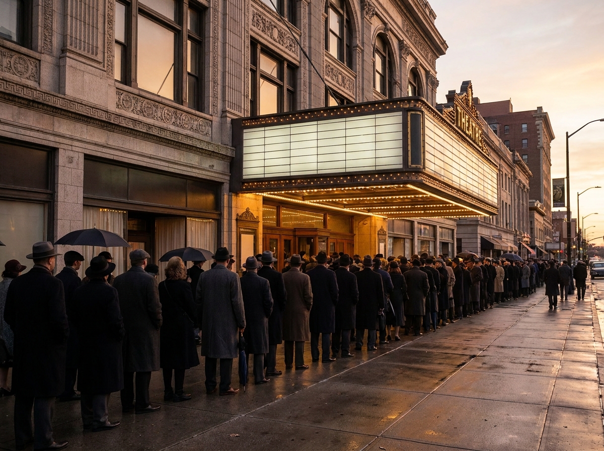 A crowd lines up outside a theatre to buy musical show tickets.