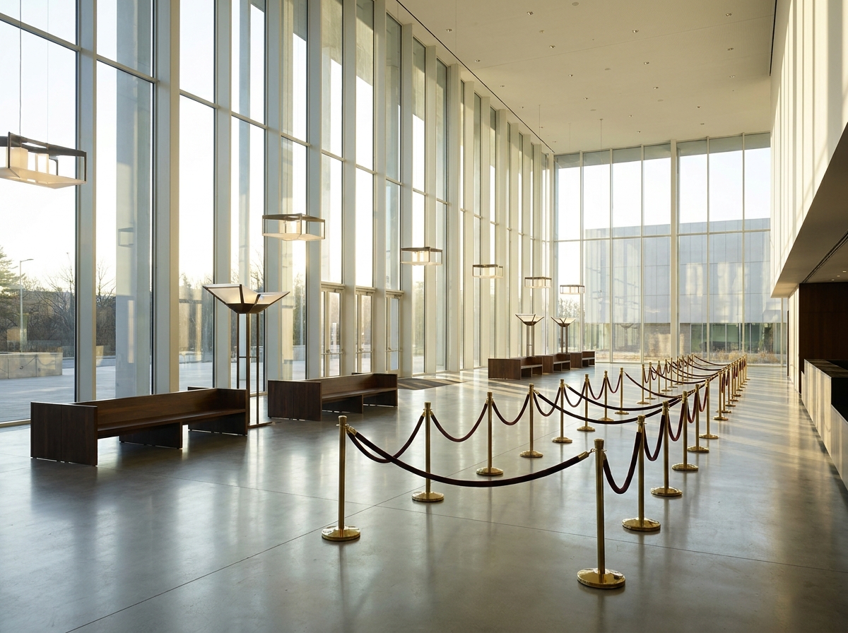 The empty lobby of a modern theatre, prepared for guest check-in for a musical.