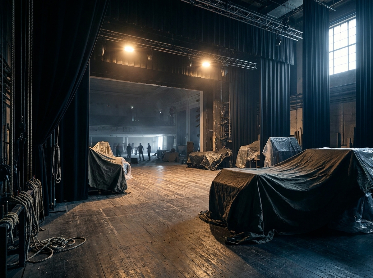The stage of a musical production seen from the wings before the show.