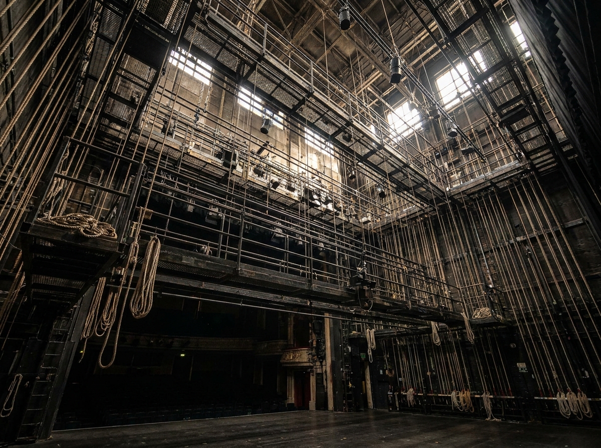 The complex rigging and lighting grid above a professional musical theatre stage.