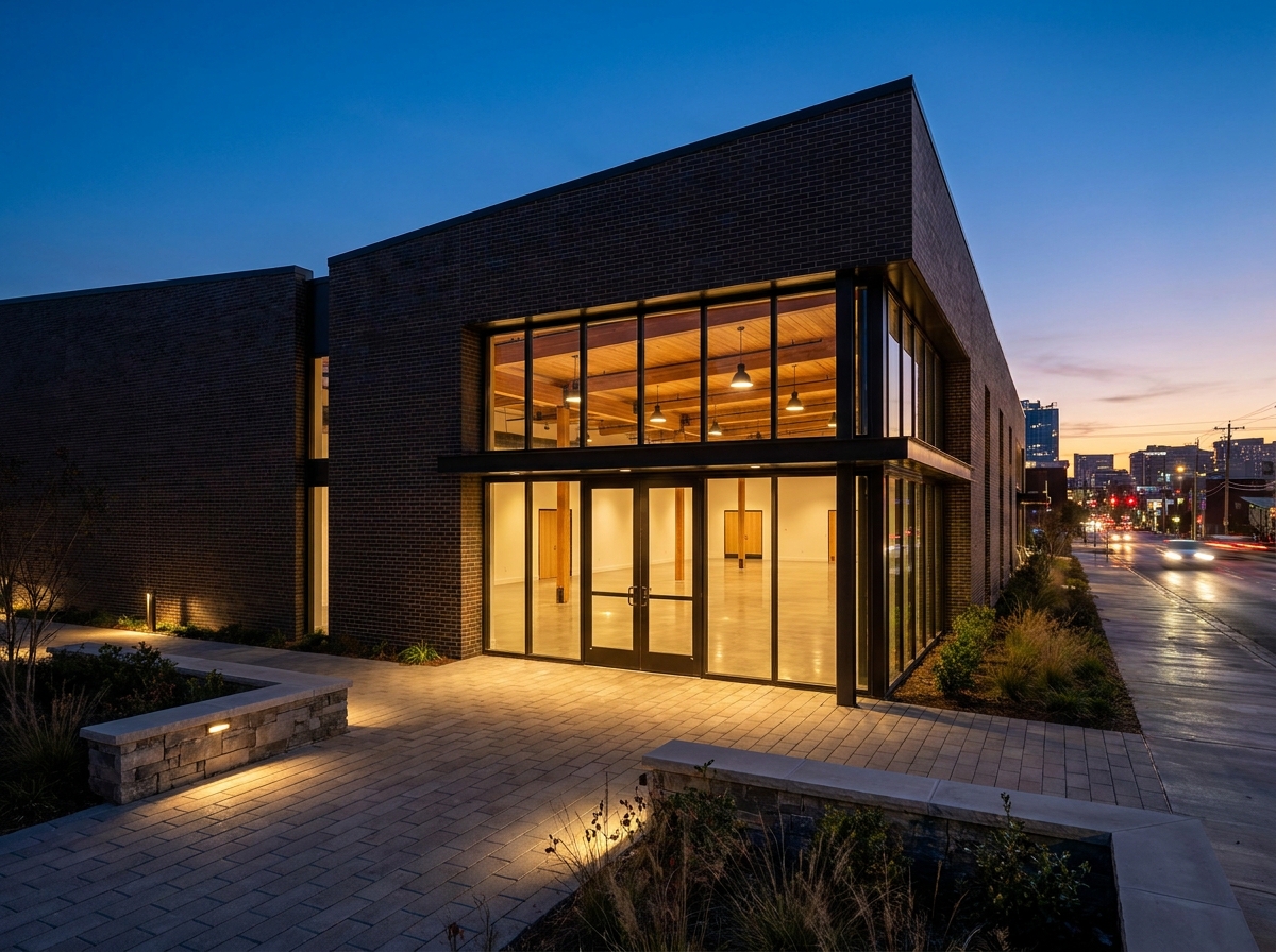 The empty entrance to a modern Nashville event venue at twilight.