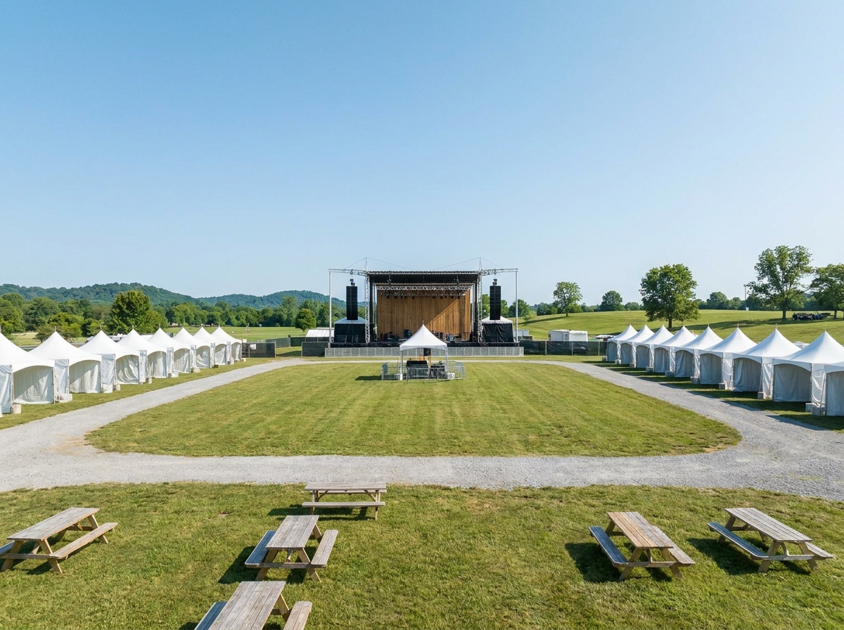 An empty outdoor festival setup in a park in Nashville.
