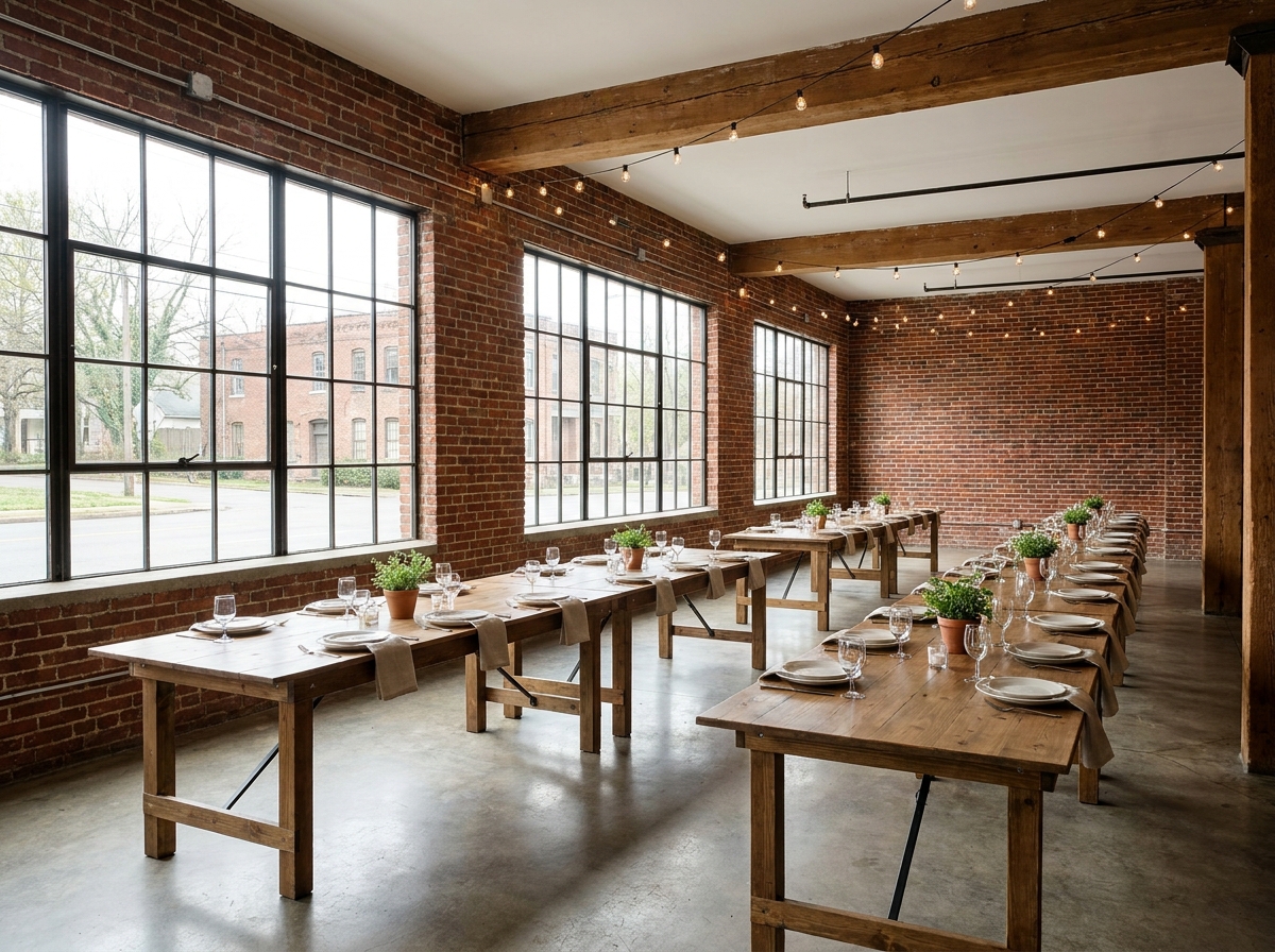 An empty, rustic-chic event space in East Nashville prepared for an event.