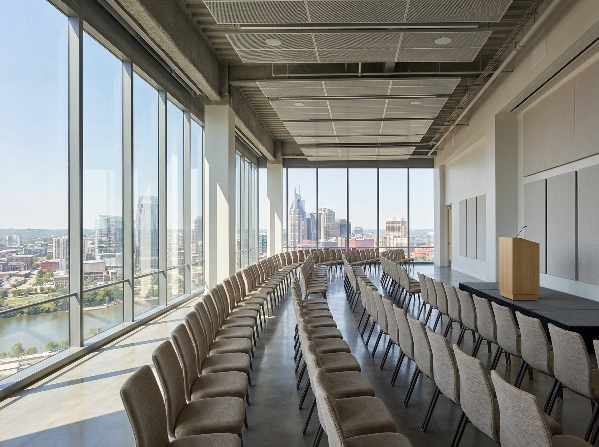An empty conference room set up for a professional event in Nashville.