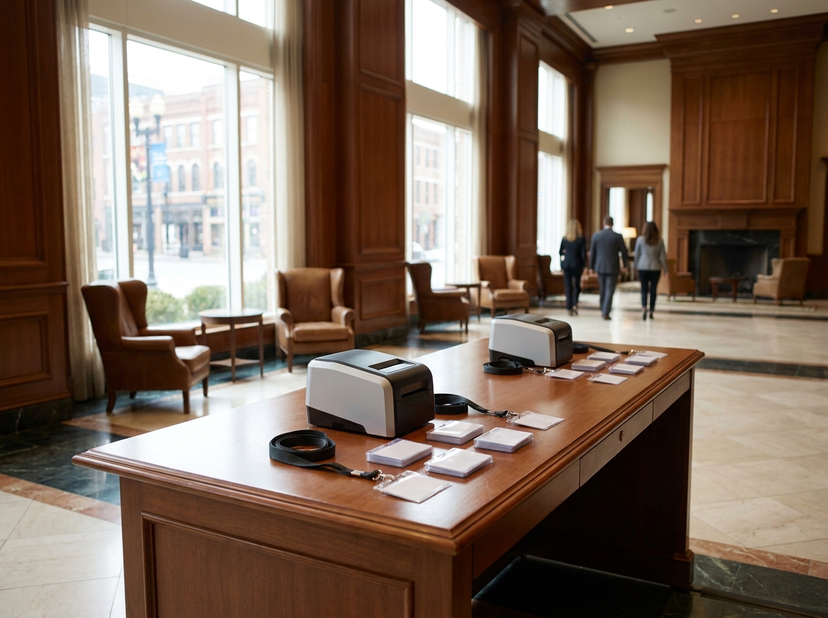 A registration desk prepared for a business event check-in.