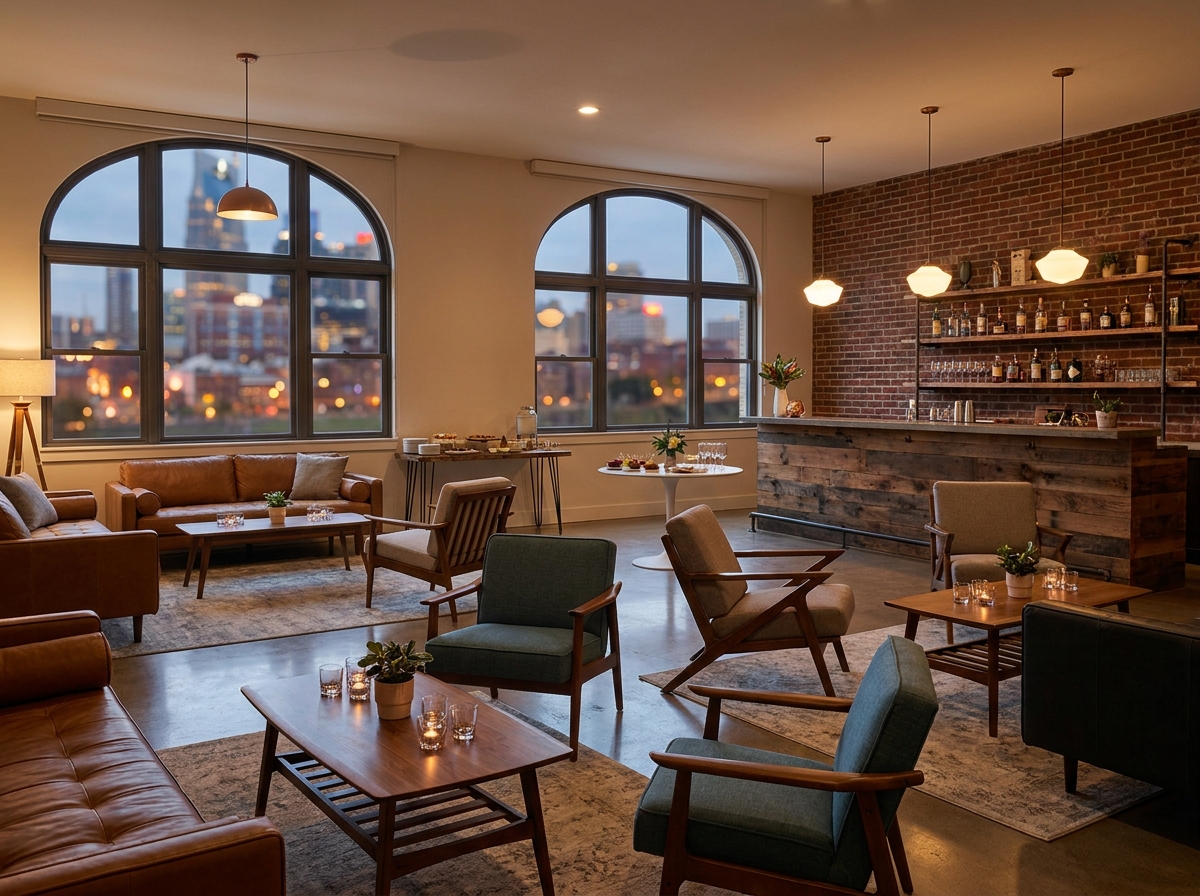 A modern co-working space lounge set for a networking event.