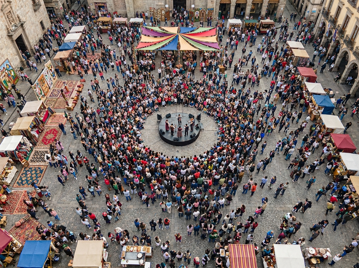 A large, diverse crowd seen from above at a nationality event, symbolizing wide audience reach.