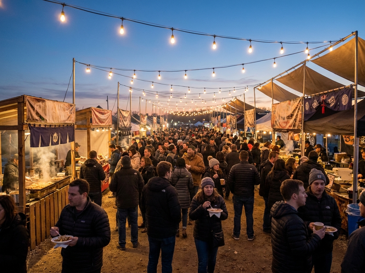 Food stalls at a nationality festival at night, showing a place where on-site sales might occur.