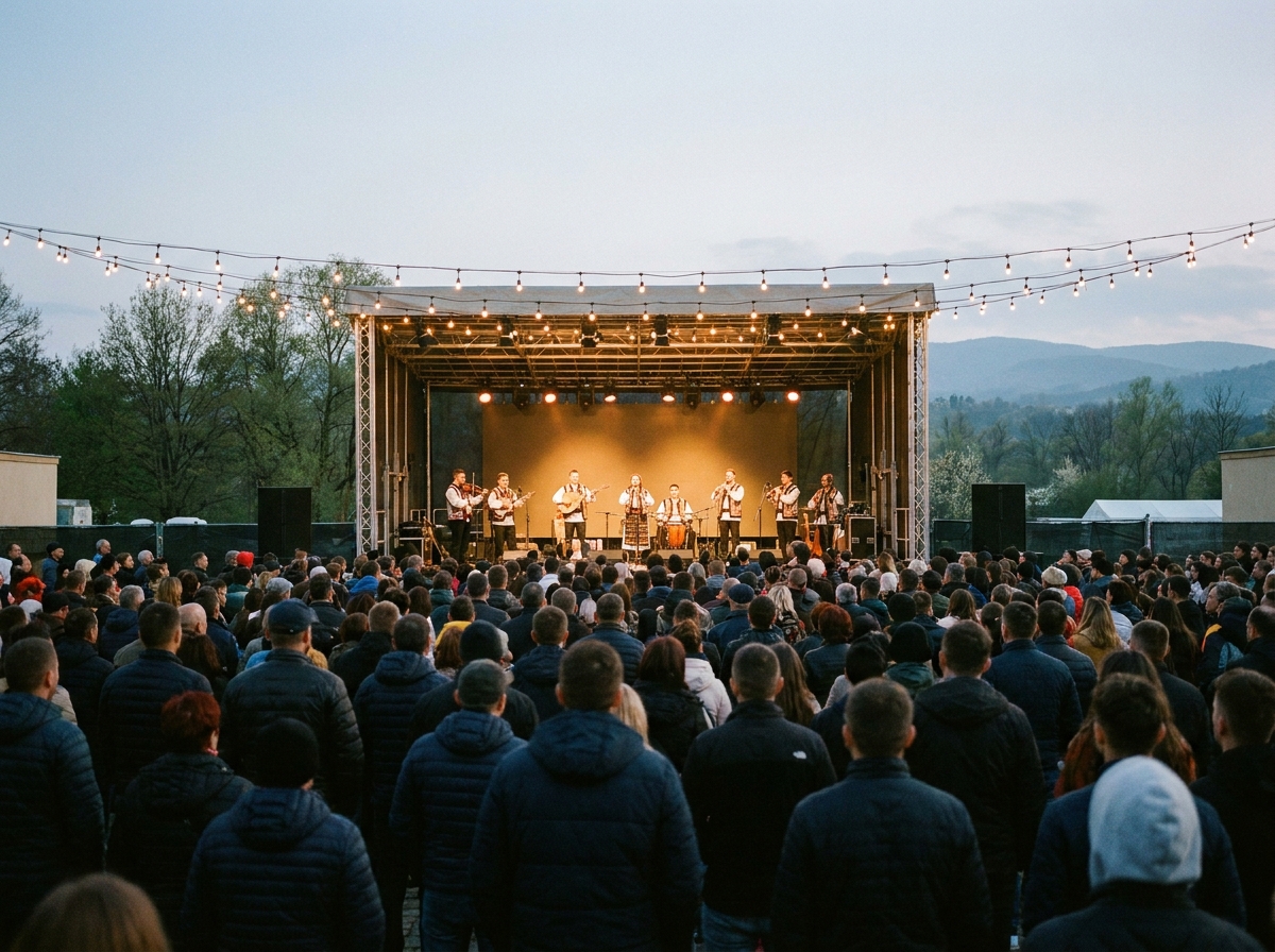 A crowd watching traditional musicians on a brightly lit stage during a nationality event.