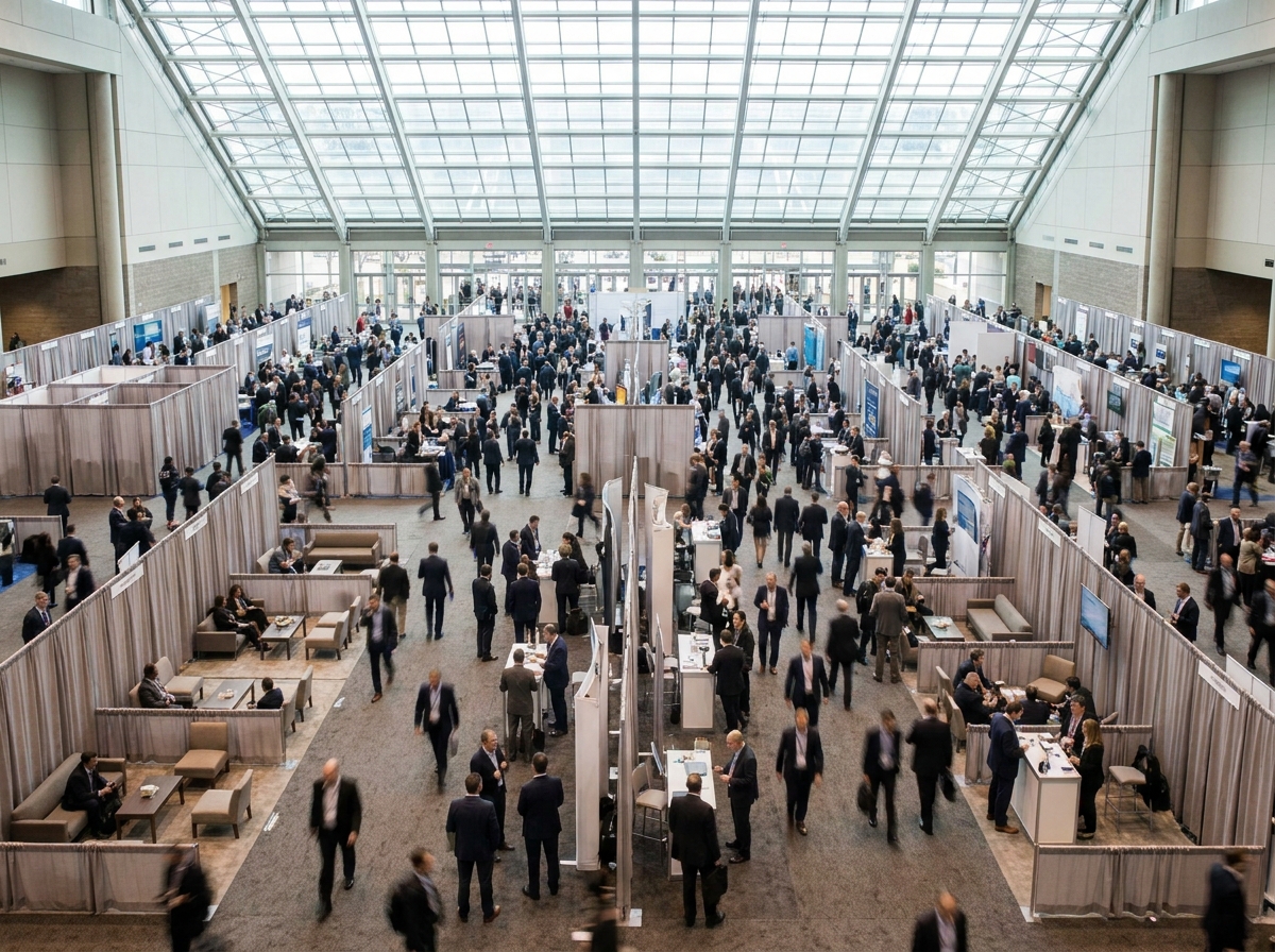 An aerial view of a busy business mixer, showing many professionals networking.