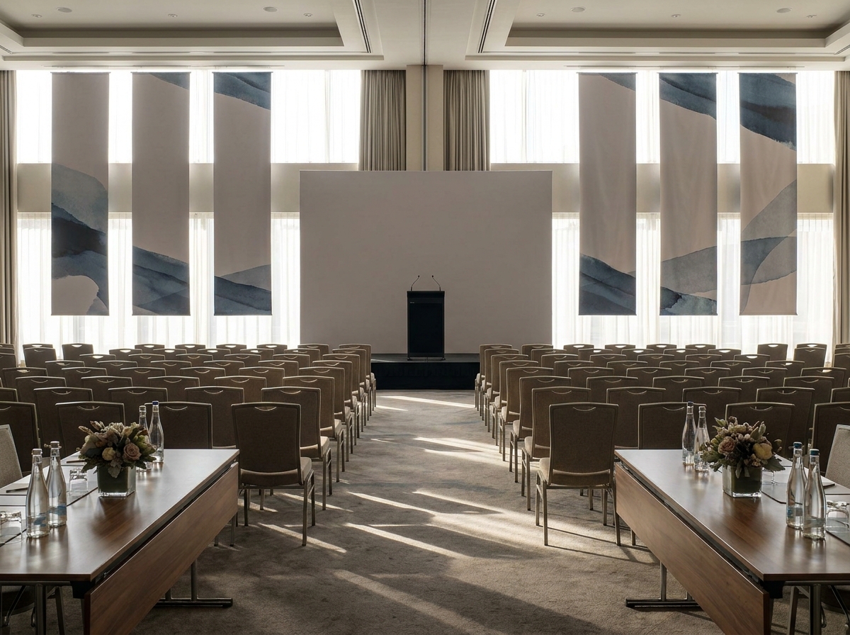 An empty, professionally prepared conference room before a business networking event.