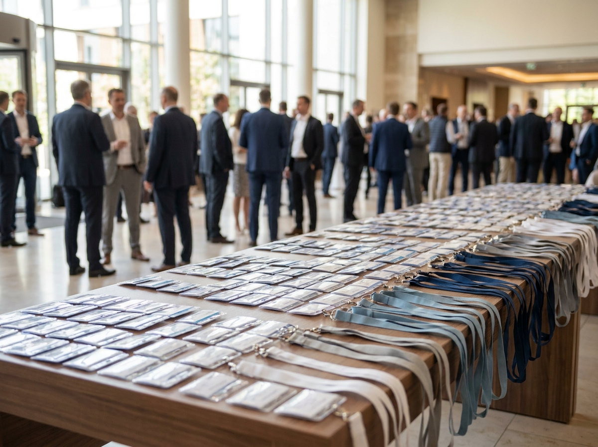 Name badges and lanyards neatly prepared for a professional networking event.