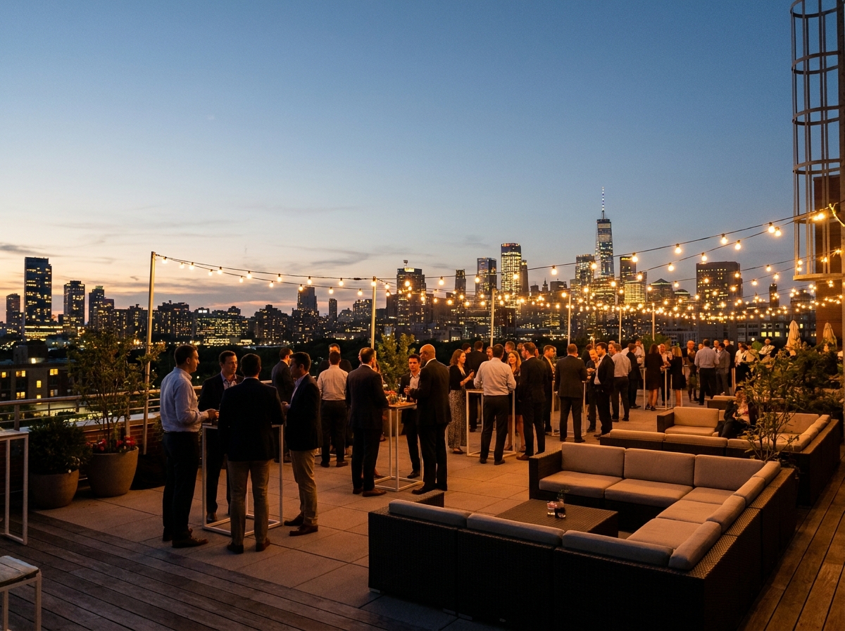 An elegant rooftop venue prepared for an evening business networking event.