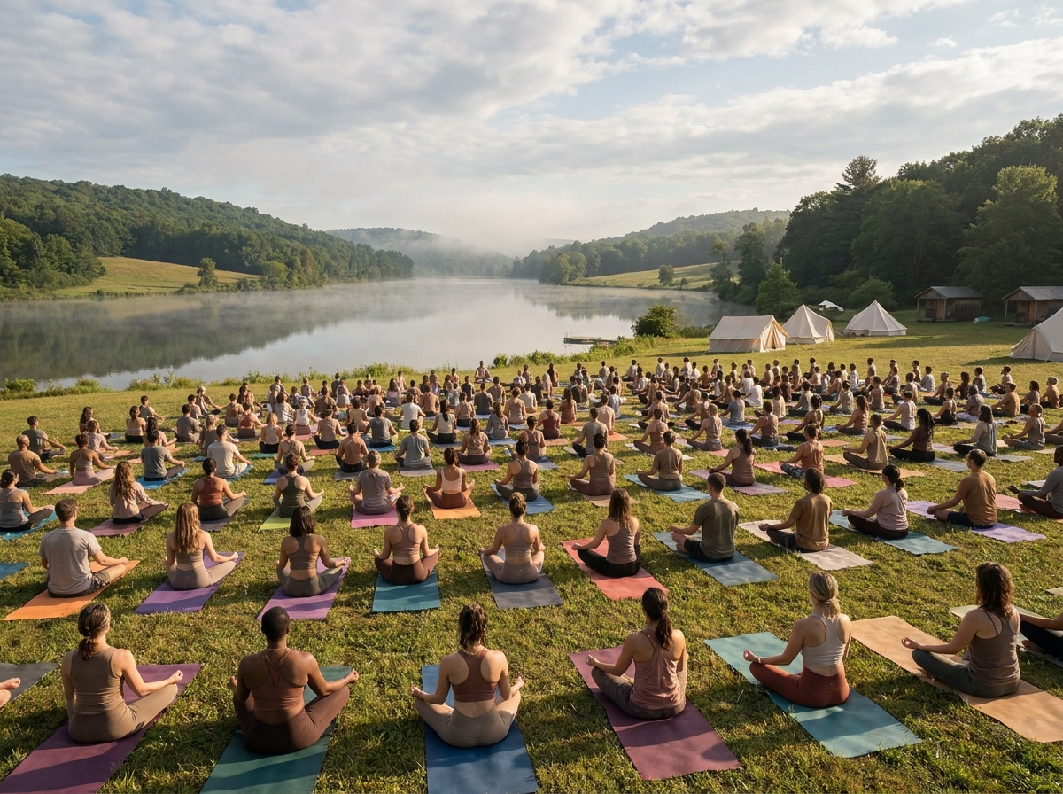 Attendees at a New Age wellness festival looking out over a calm lake.