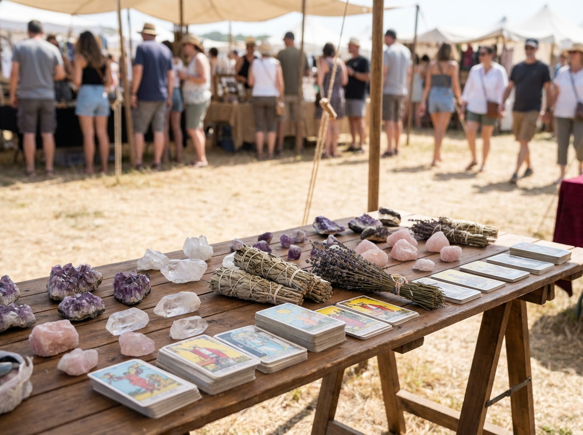 Various spiritual items symbolizing different ticket options for a New Age event.