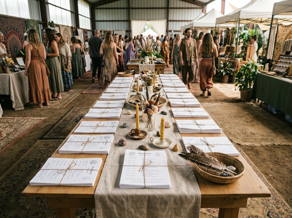 An organized welcome table at a New Age event, ready for attendees.