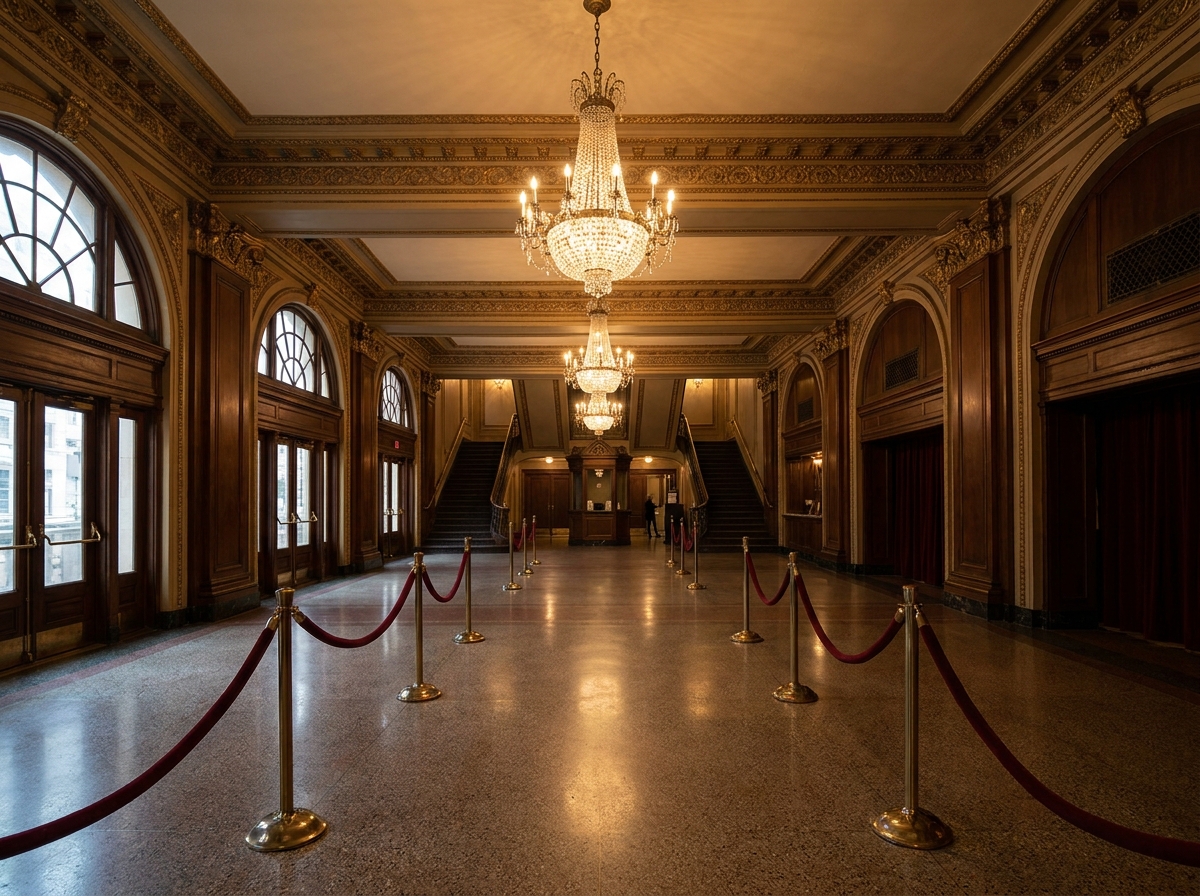 The empty lobby of a historic theater, ready for attendees.