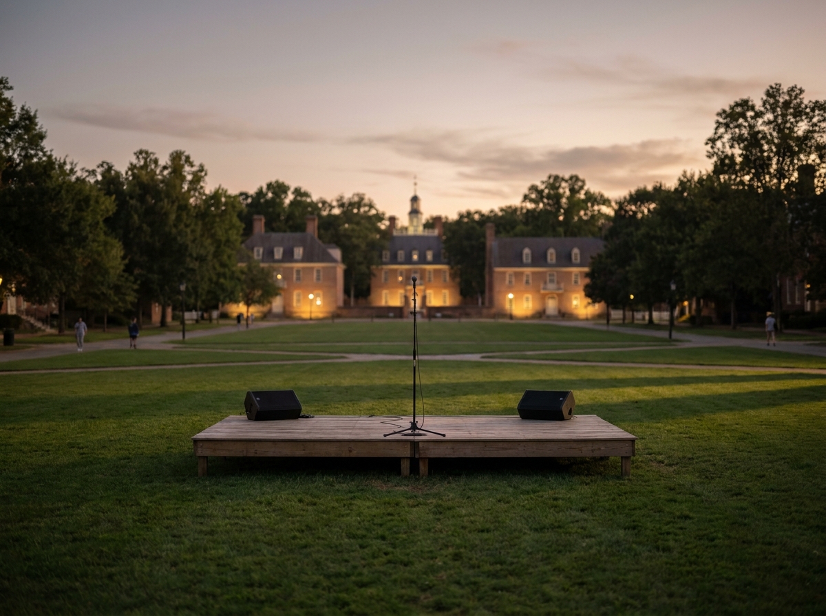 An outdoor stage on the New Haven Green prepared for a concert.