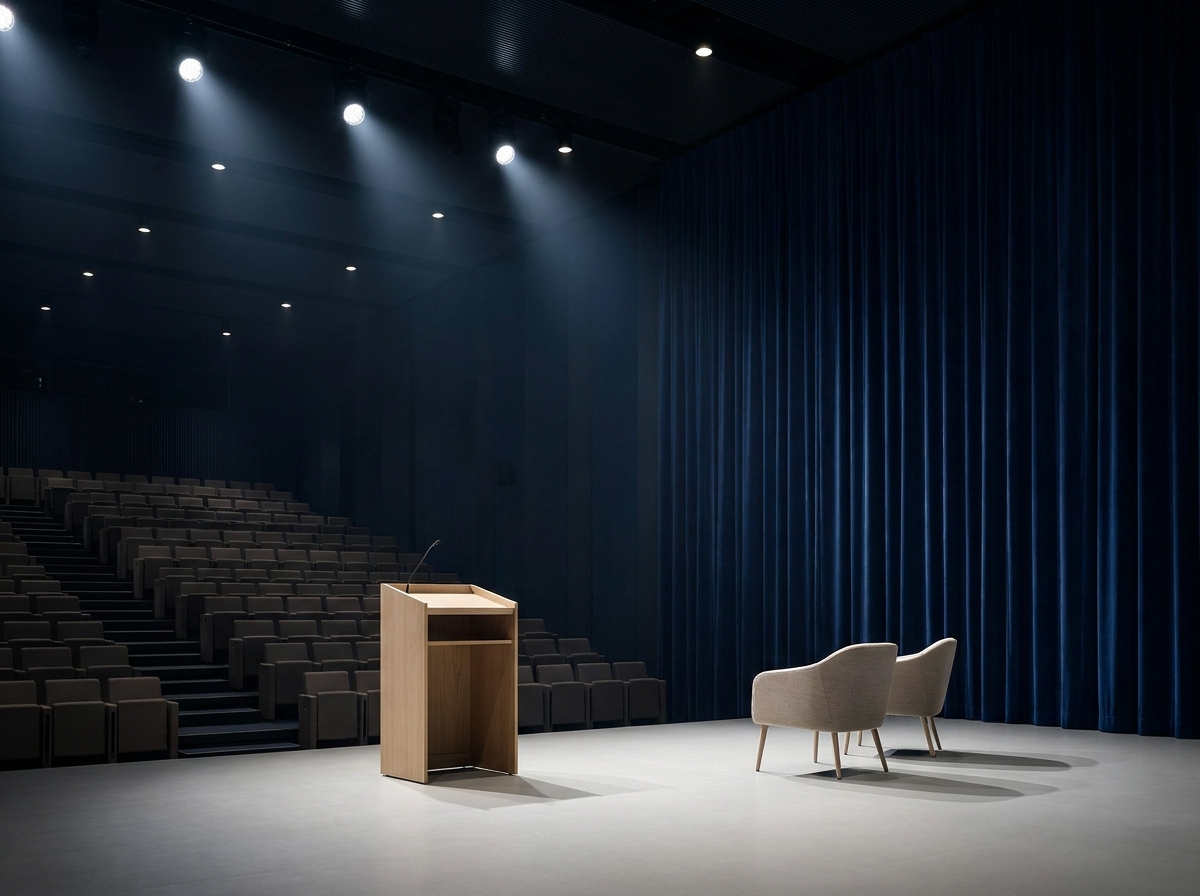 An empty stage set up for a professional panel discussion at a business event.