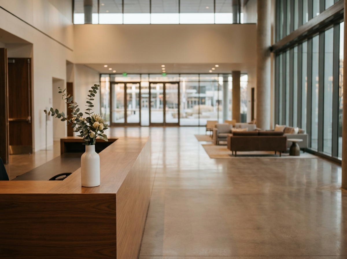 An empty registration desk prepared for check-ins at a professional networking event.