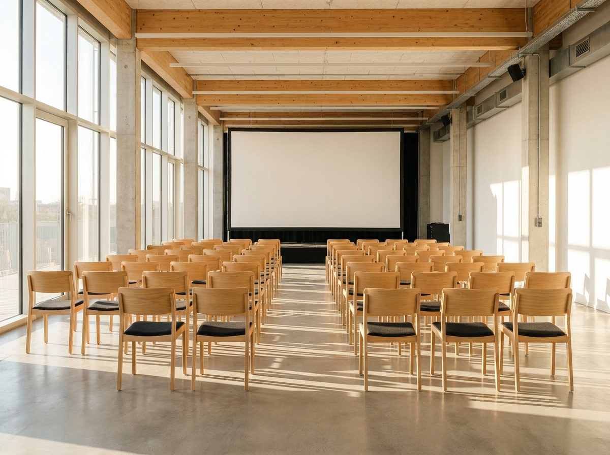 An empty co-working space set up with chairs for a professional presentation.