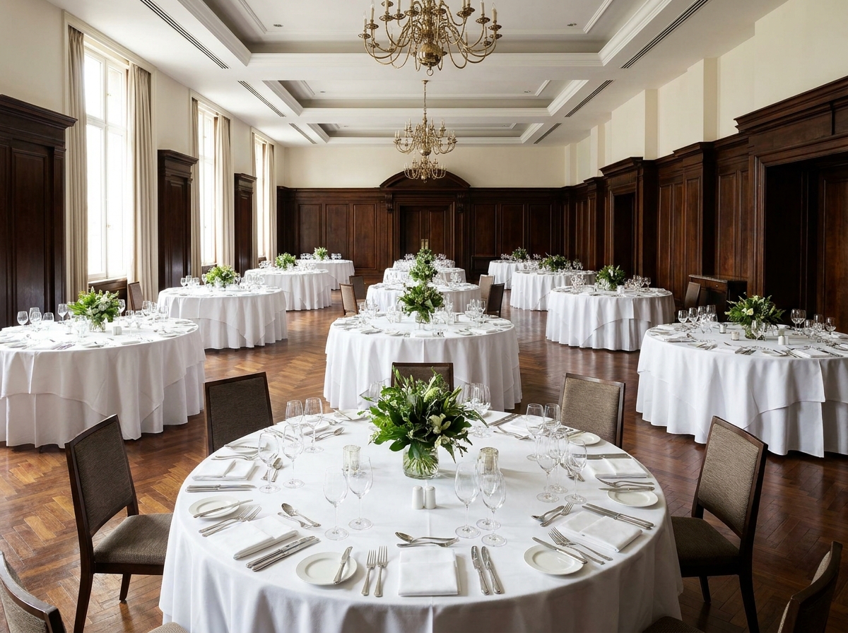 An empty hotel ballroom set with round tables for a large professional networking event.