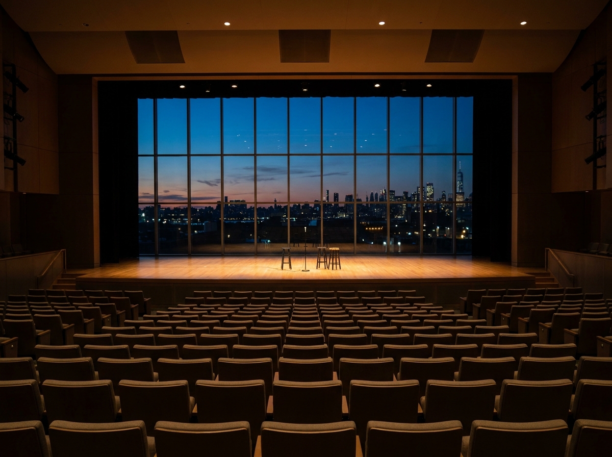 The empty stage and seating of a performance hall in Newark, ready for a comedy event.