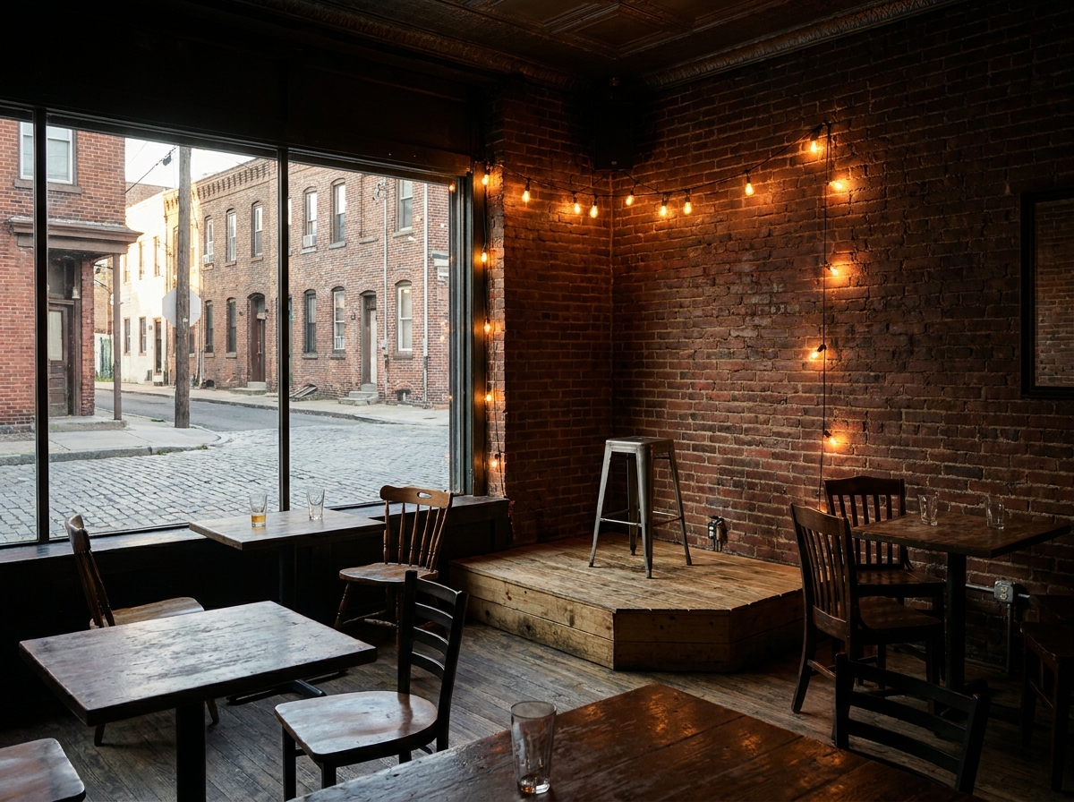 A small, empty stage in a cozy Newark bar, set up for an intimate comedy night.