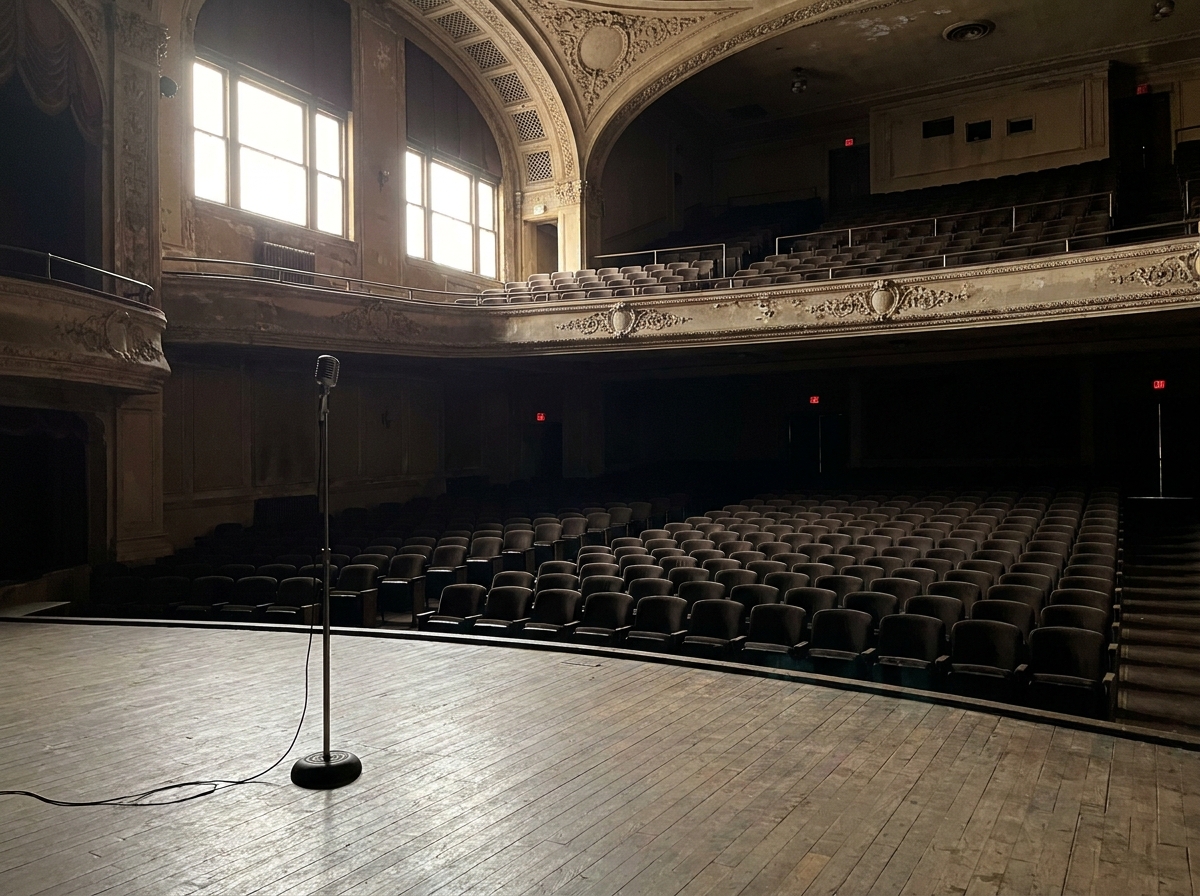 View from the wings of an empty stage in a Newark theater before a comedy show.