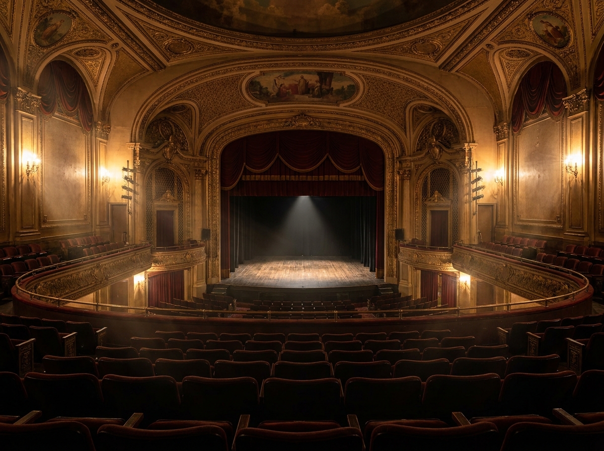 An empty, historic theater in Newark viewed from the back of the house.