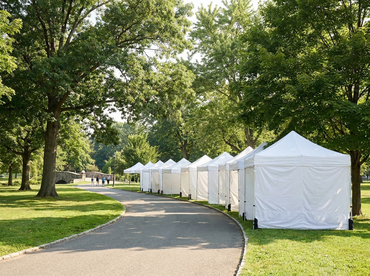 An outdoor festival site in a Newark park before the event begins.