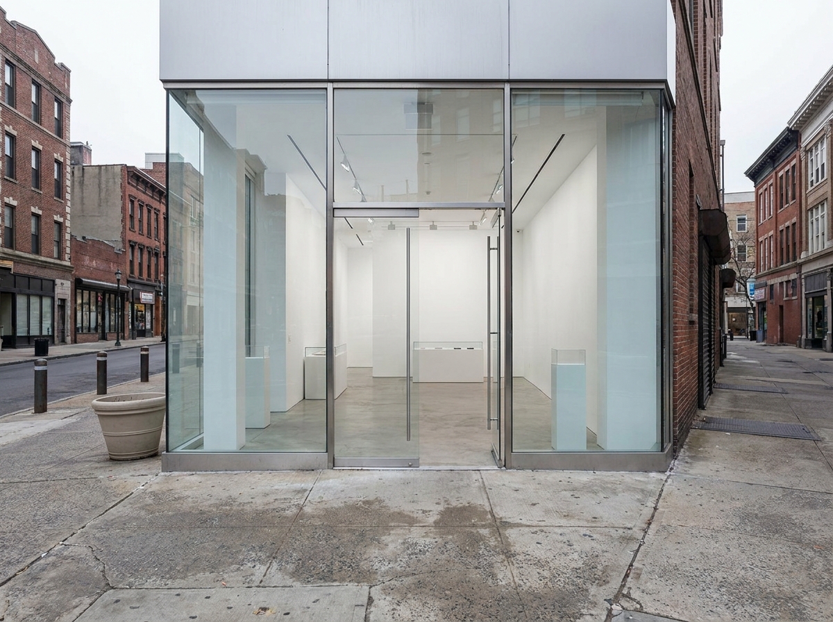 The empty entrance of a modern art gallery in Newark.