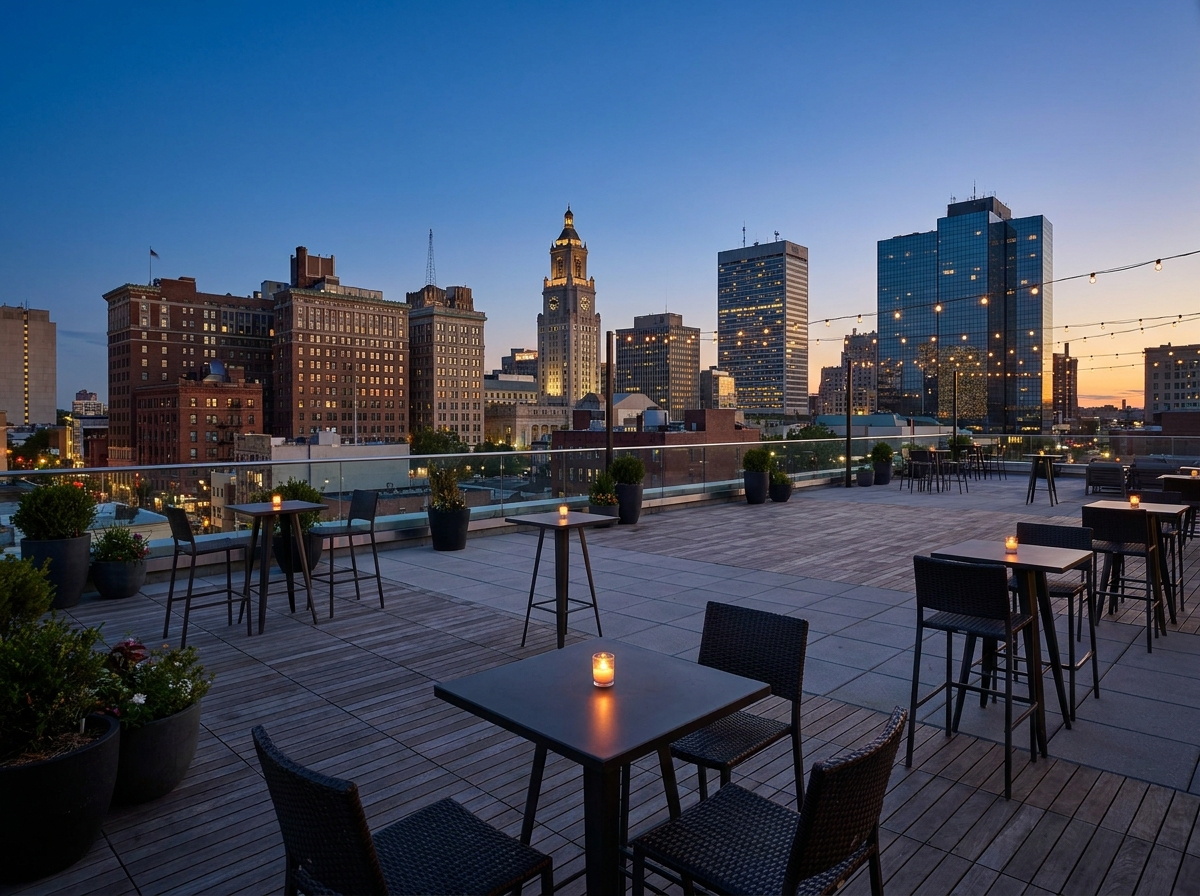 A rooftop event space overlooking the Newark skyline at dusk.