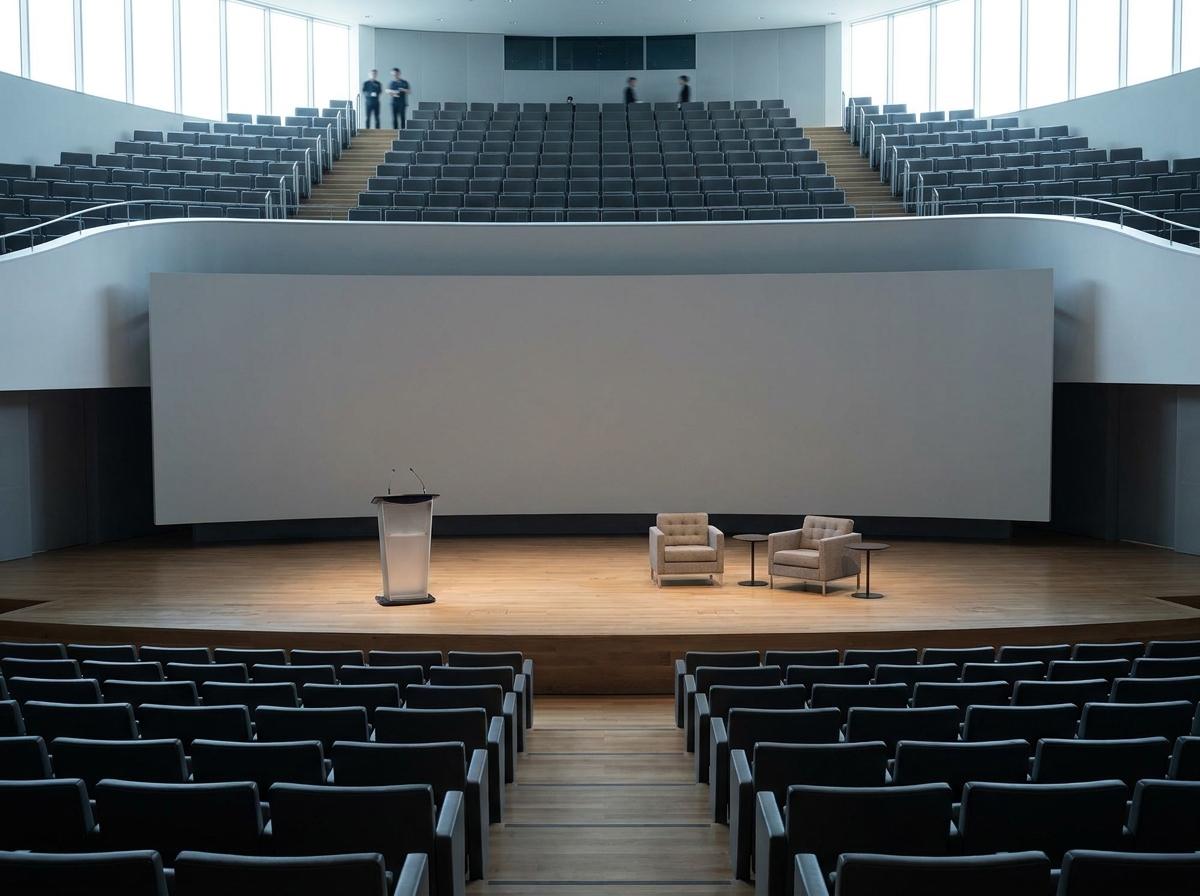 An empty stage set for a professional panel discussion in Newark.