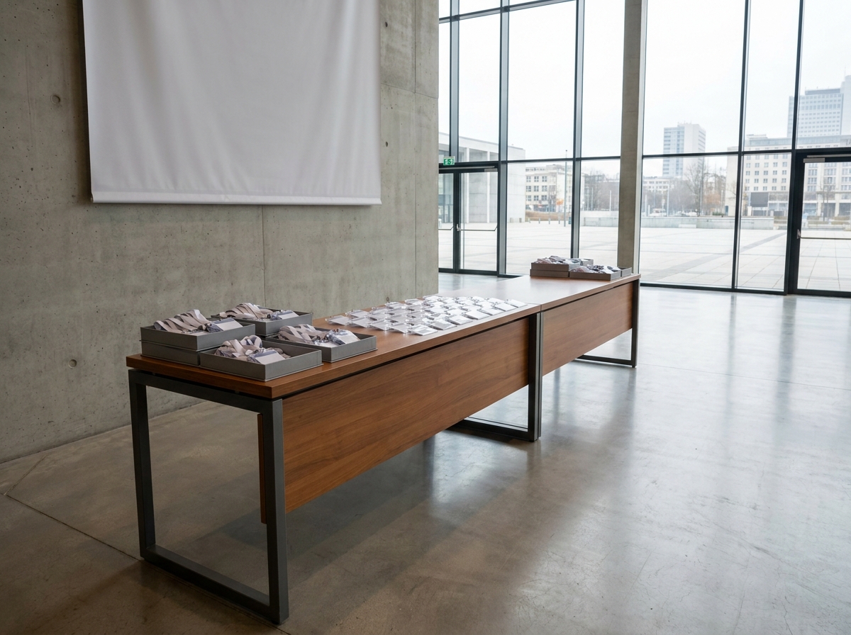 An event registration desk set up with name badges for a networking event.