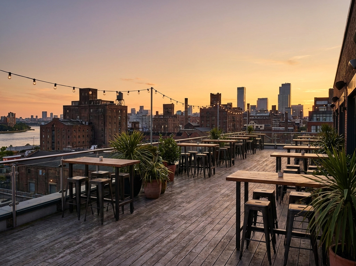 An empty rooftop venue set for a professional mixer at dusk.
