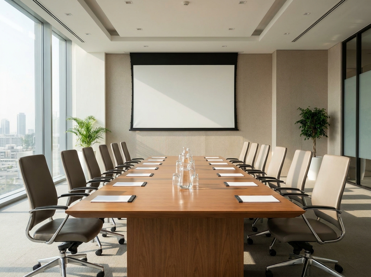 An empty conference room ready for a business workshop or networking event.