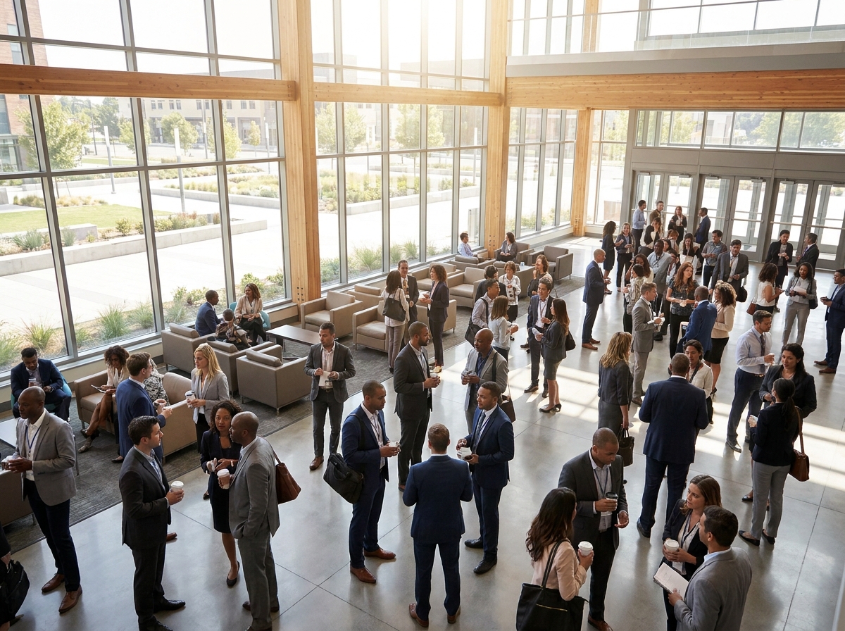 Attendees networking at a professional non-partisan event.