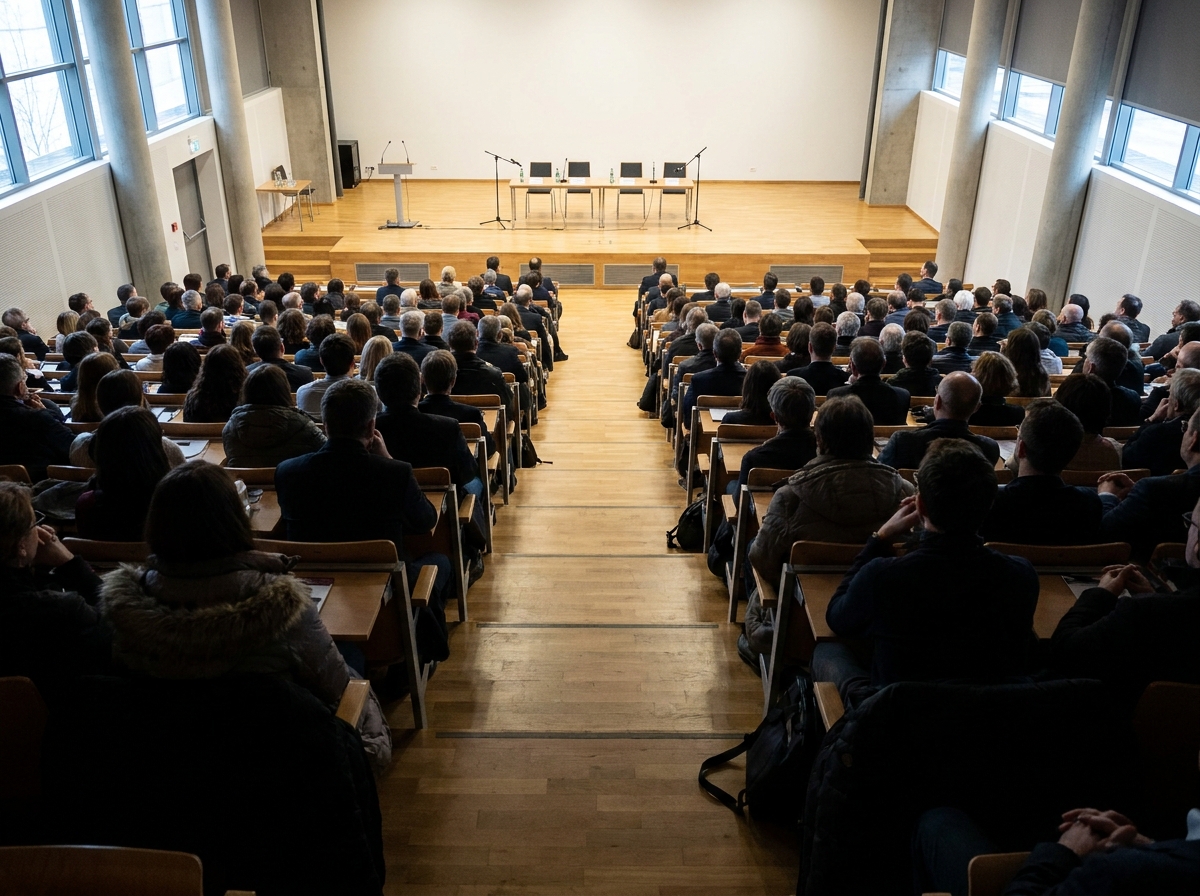 Audience view of a stage set for a non-partisan panel discussion.